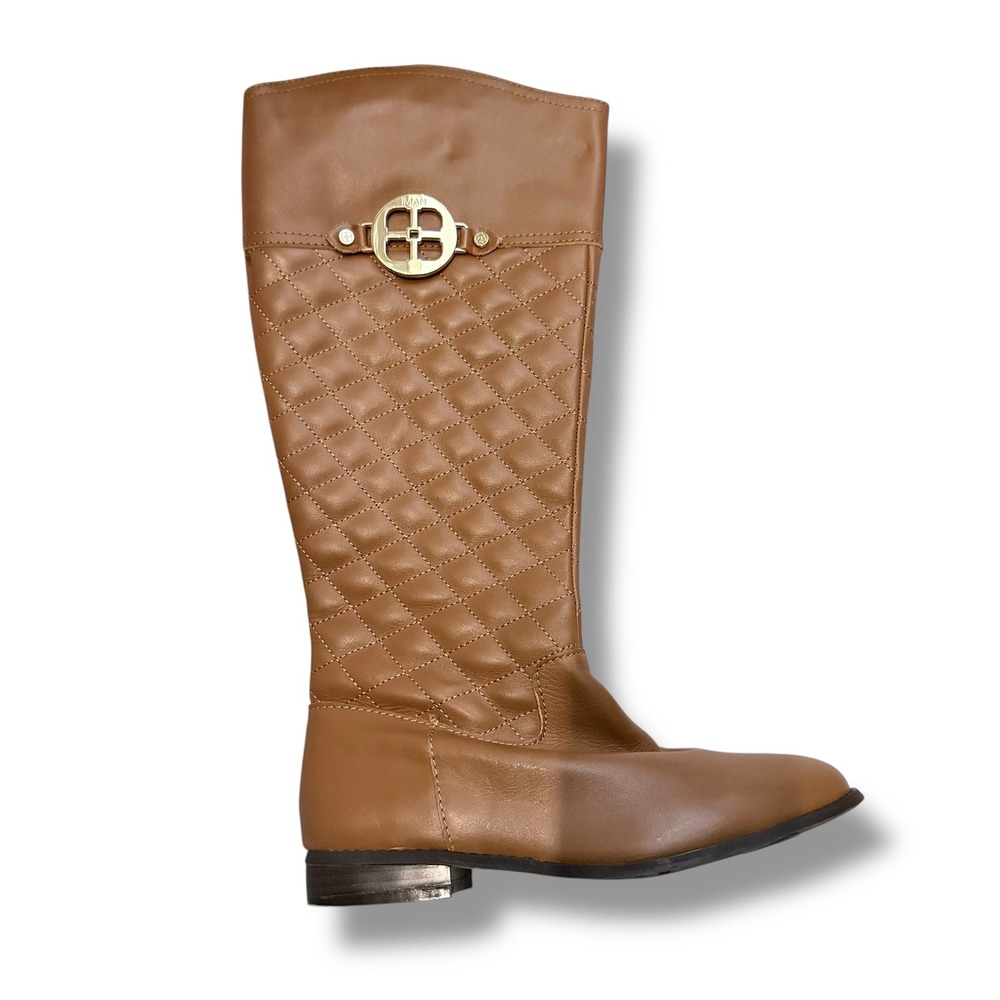 IMAN Women's quilted tan brown Leather Upper Riding Boots Size 7.5 - Picture 4 of 12